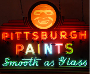 Neon sign advertising Pittsburg Paints from the collection of Len Davidson on desplay at the Philadelphia Neon museum