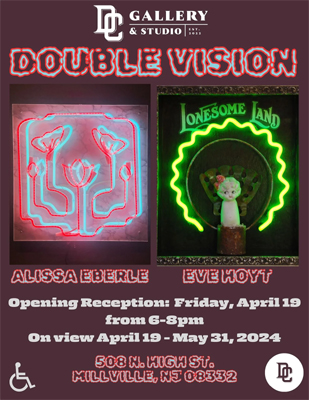 Invitation to Double Vision an exhibit of the work of Dumpster Diver Eve Hoyt and  Alissa Eberle.  The show opens on April 19, 2024 and runs through May 31st.