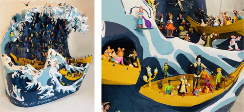 The End Of The Age Of Innocence On The Great Wave Off Kanagawa, Bas Relief papier mâché tidal wave and plastic action figures riding the wave on surfboards and in boats, 8 x 8 x 3 feet, 2021